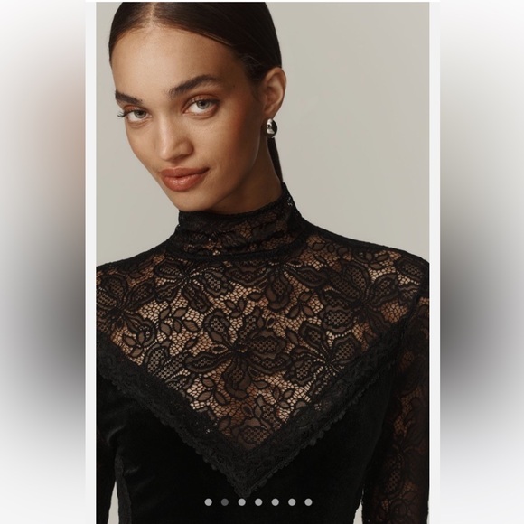 Anthropologie Long-Sleeve Mock-Neck Lace Velvet Midi Slip Dress Evening XS NWT - Picture 2 of 15